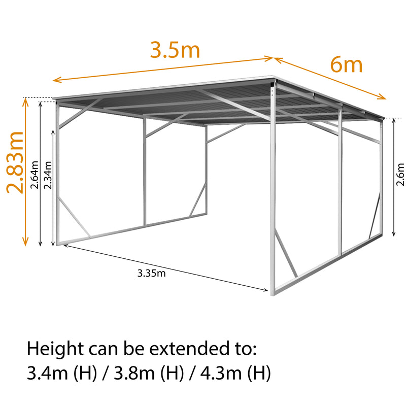 Vehicle Shelter 3.5m x 6m x 2.8m Steel Carport