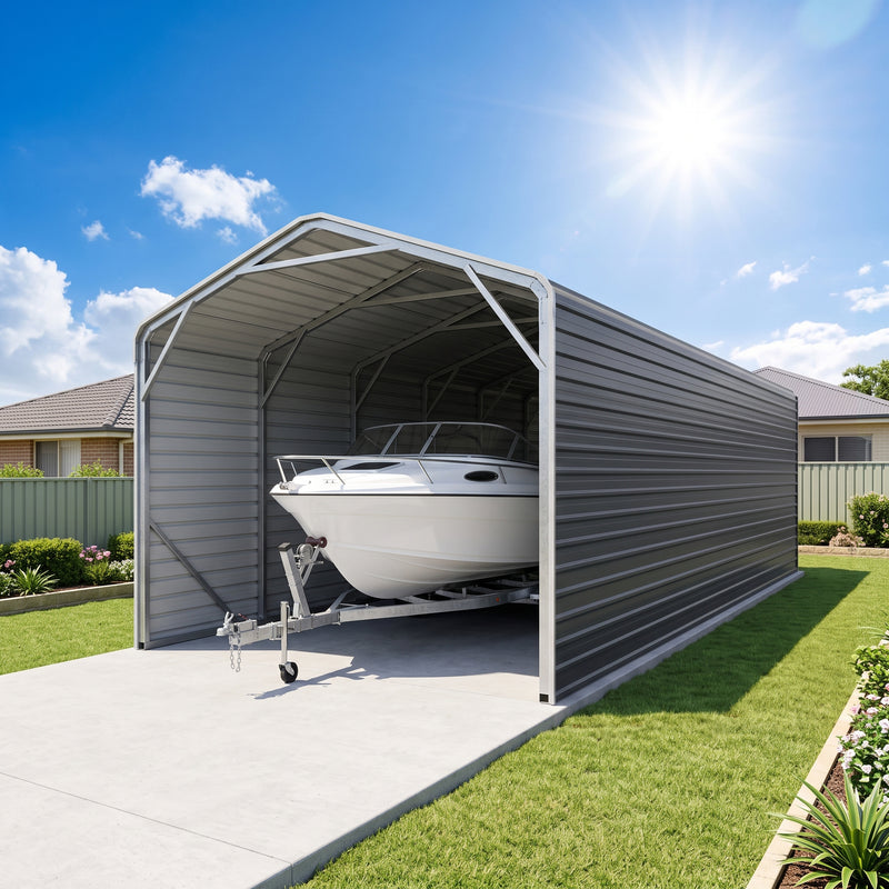 Single Carport 3.4m Wide x 10.53m Long with Enclosed Side Walls - Granite Grey