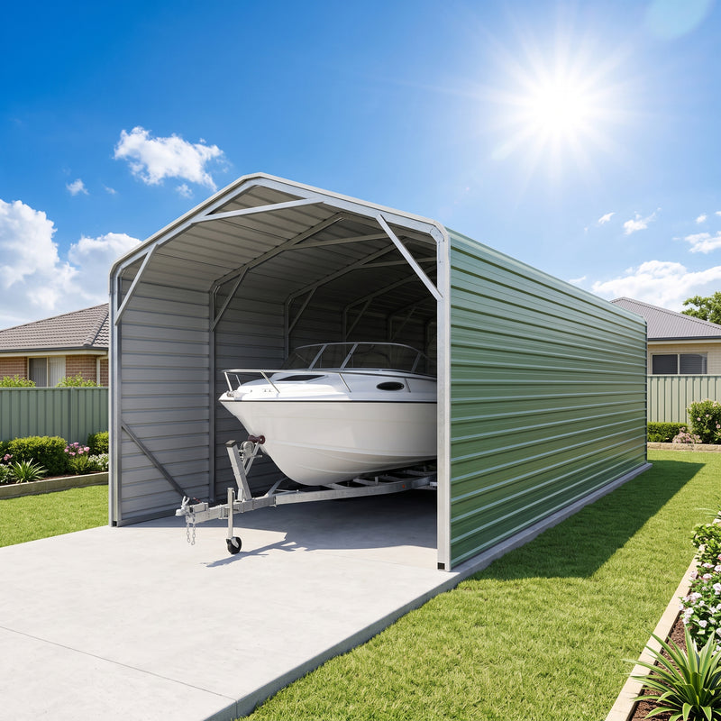 Single Carport 3.4m Wide x 10.53m Long with Enclosed Side Walls - Rivergum Green