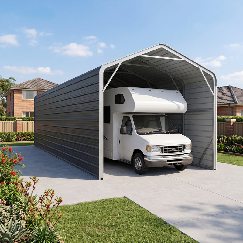 Single Carport 3.4m Wide x 12.03m Long with Enclosed Side Walls - Granite Grey