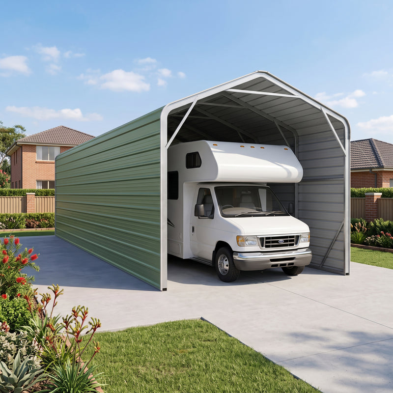 Single Carport 3.4m Wide x 12.03m Long with Enclosed Side Walls - Rivergum Green