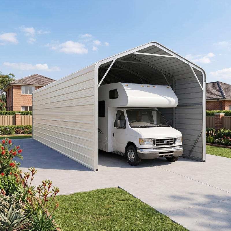 Single Carport 3.4m Wide x 12.03m Long with Enclosed Side Walls - Smooth Cream