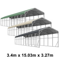 Single Carport 3.4m x 15.03m x 3.27m Backyard Portable Vehicle & Boat Shelter with Wrapped Roof