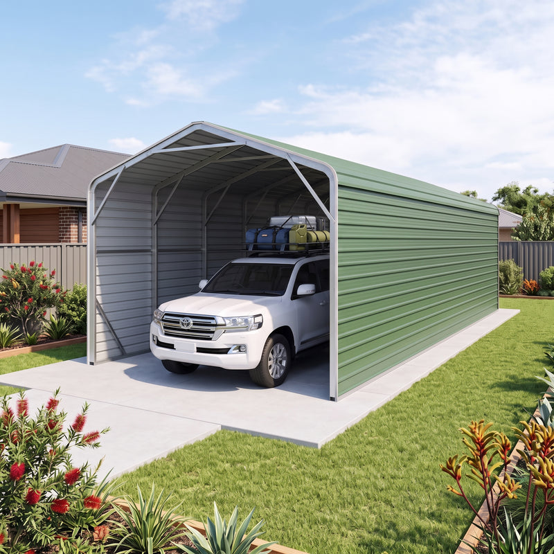 Single Carport 3.4m Wide x 13.53m Long with Enclosed Side Walls - Rivergum Green