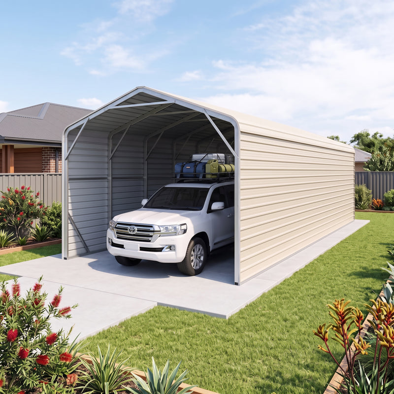 Single Carport 3.4m Wide x 13.53m Long with Enclosed Side Walls - Smooth Cream