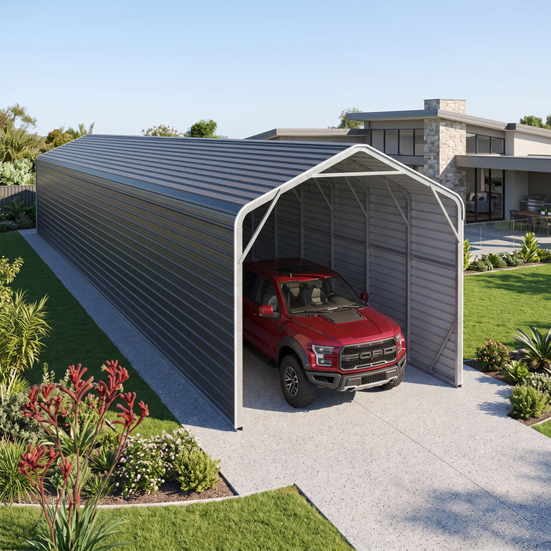 Single Carport 3.4m Wide x 15.03m Long with Enclosed Side Walls - Granite Grey