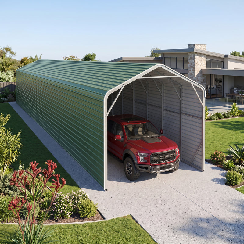 Single Carport 3.4m Wide x 15.03m Long with Enclosed Side Walls - Rivergum Green
