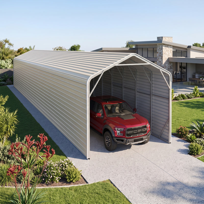 Single Carport 3.4m Wide x 15.03m Long with Enclosed Side Walls - Smooth Cream