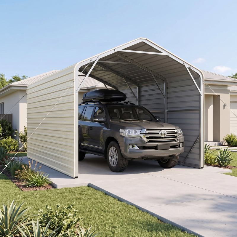 Single Carport 3.4m Wide x 6.03m Long with Enclosed Side Walls - Smooth Cream