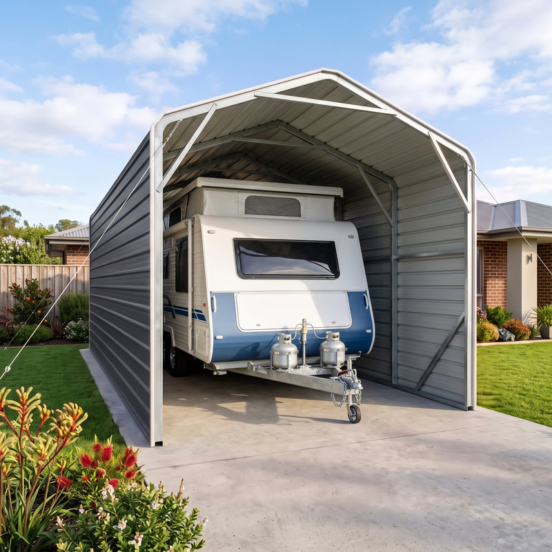 Single Carport 3.4m Wide x 7.53m Long with Enclosed Side Walls - Granite Grey