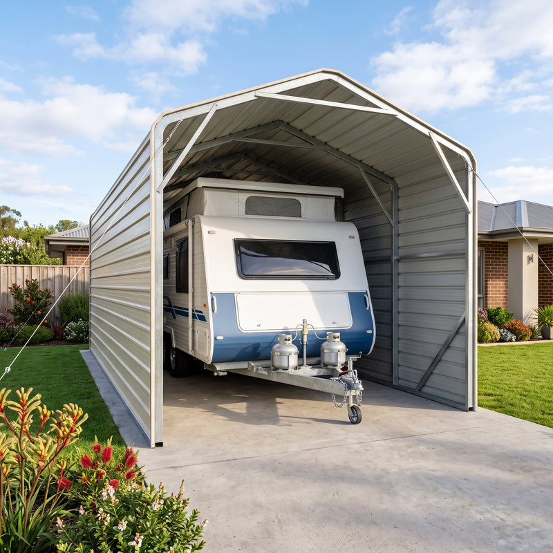 Single Carport 3.4m Wide x 7.53m Long with Enclosed Side Walls - Smooth Cream
