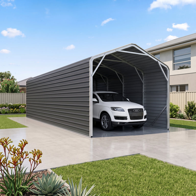 Single Carport 3.4m Wide x 9.03m Long with Enclosed Side Walls - Granite Grey