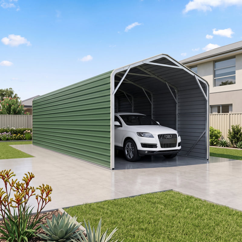 Single Carport 3.4m Wide x 9.03m Long with Enclosed Side Walls - Rivergum Green