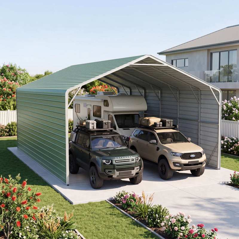 Double Carport 6m Wide x 10.53m Long with Enclosed Side Walls - Rivergum Green