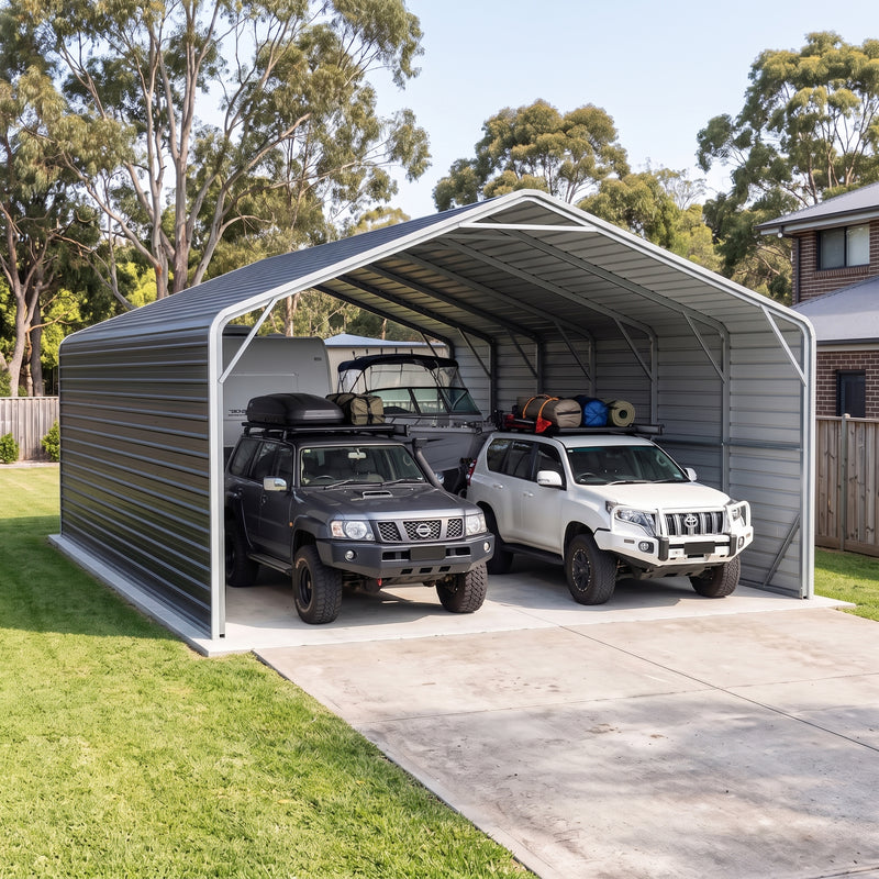Double Carport 6m Wide x 12.03m Long with Enclosed Side Walls - Granite Grey