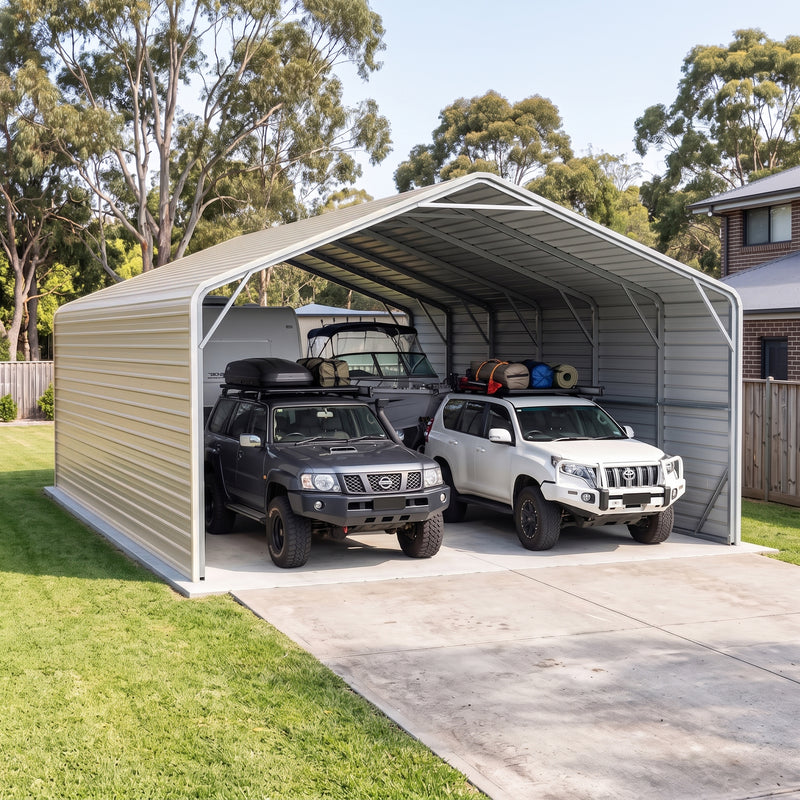 Double Carport 6m Wide x 12.03m Long with Enclosed Side Walls - Smooth Cream