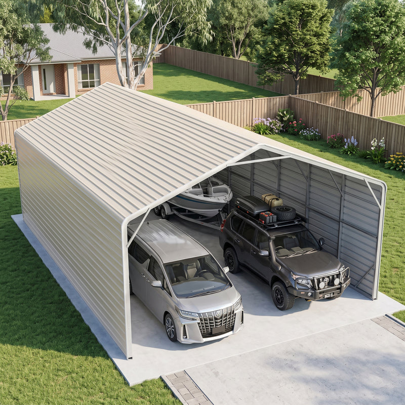 Double Carport 6m Wide x 13.53m Long with Enclosed Side Walls - Smooth Cream