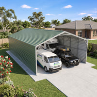 Double Carport 6m Wide x 15.03m Long with Enclosed Side Walls - Rivergum Green
