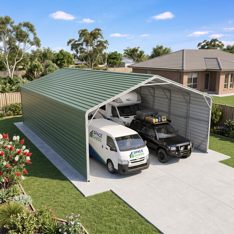 Double Carport 6m Wide x 15.03m Long with Enclosed Side Walls - Rivergum Green
