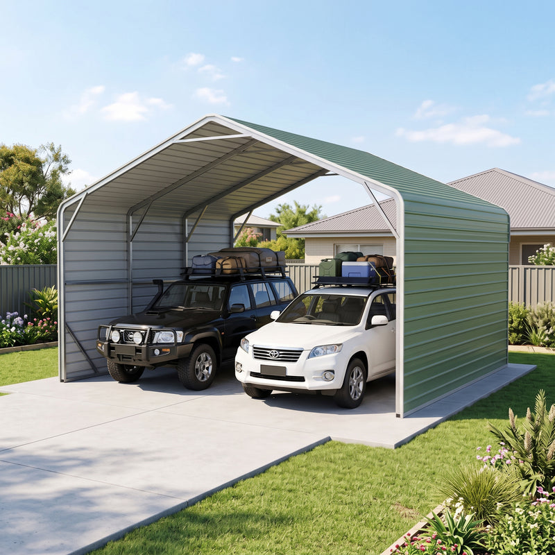 Double Carport 6m Wide x 6.03m Long with Enclosed Side Walls - Rivergum Green