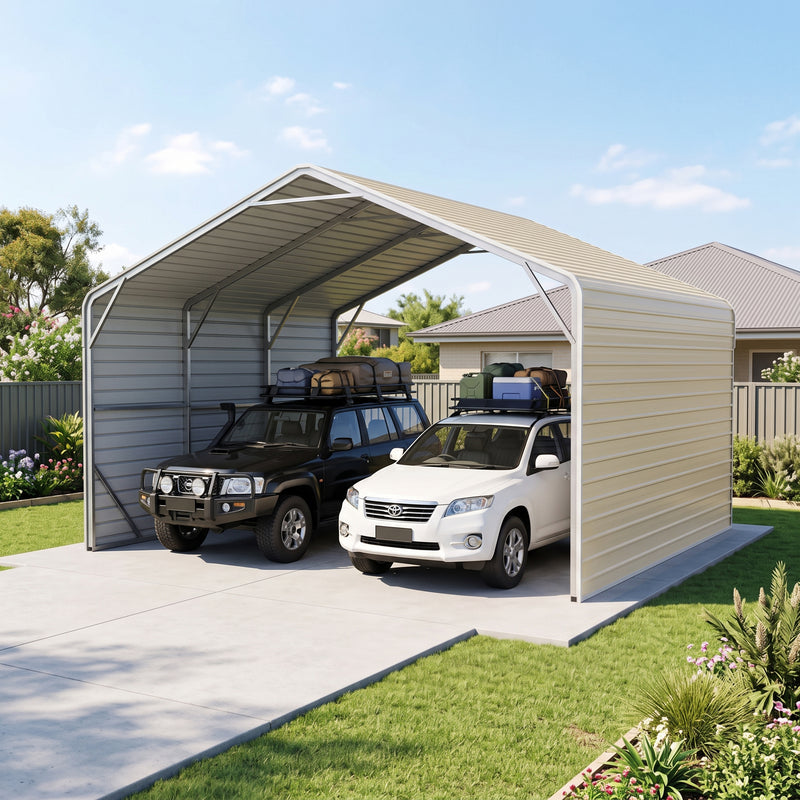 Double Carport 6m Wide x 6.03m Long with Enclosed Side Walls - Smooth Cream