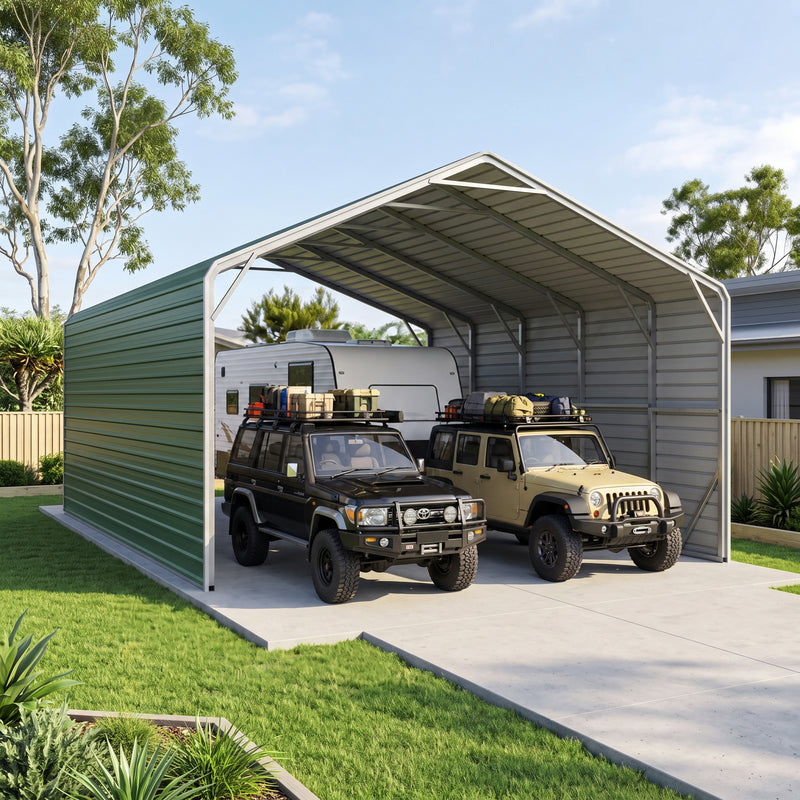 Double Carport 6m Wide x 9.03m Long with Enclosed Side Walls - Rivergum Green