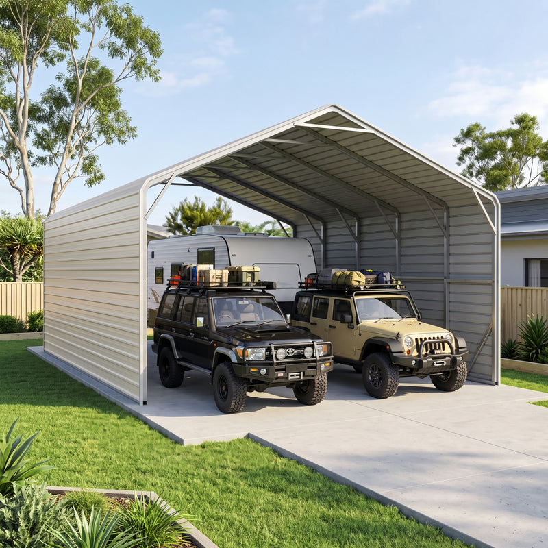 Double Carport 6m Wide x 9.03m Long with Enclosed Side Walls - Smooth Cream