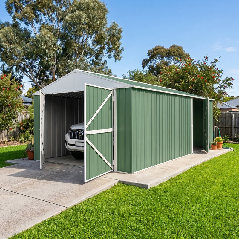 Garage Shed 6m x 3.45m x 2.4m (Gable) Double Barn Door Workshop with 4 Internal Trusses