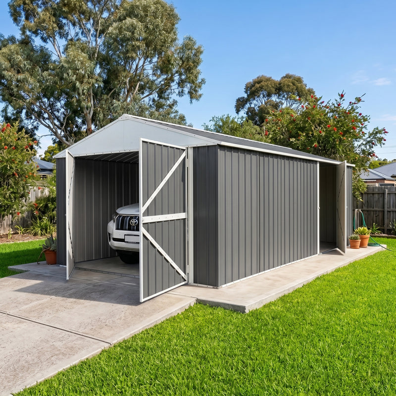 Garage Shed 6m x 3.45m x 2.4m (Gable) Double Barn Door Workshop with 4 Internal Trusses