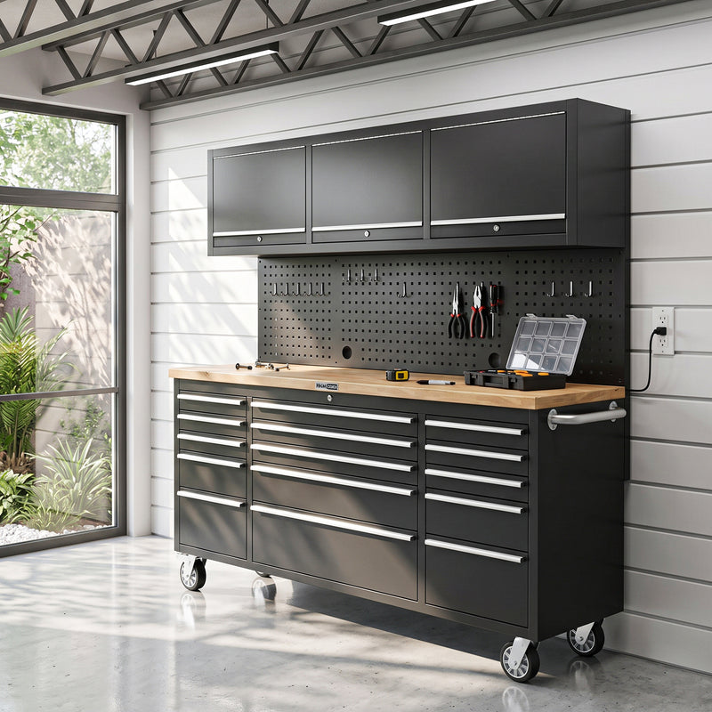 UltraTools Black 72" Mobile Work Bench with 15 Drawers Tool Chest & 3 Overhead Roller Cabinet