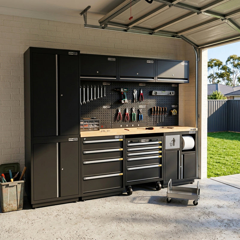 Semi-Industrial Black Workshop Garage Storage Cabinet Set UltraTools 2475mm x 580mm x 2020mm