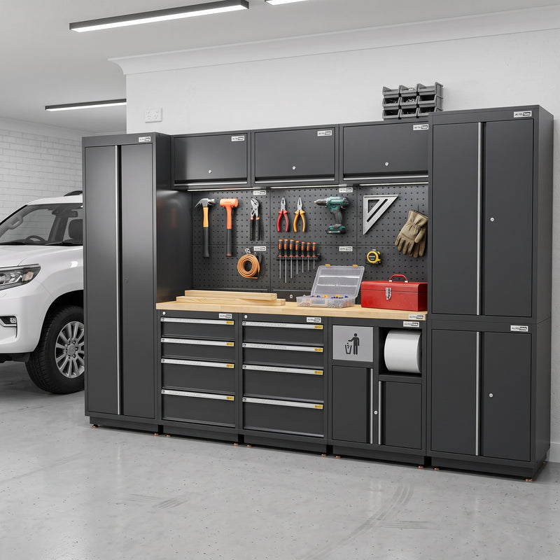 UltraTools 3100mm x 580mm x 2020mm Black Semi-Industrial Workshop Garage Storage Cabinet Set
