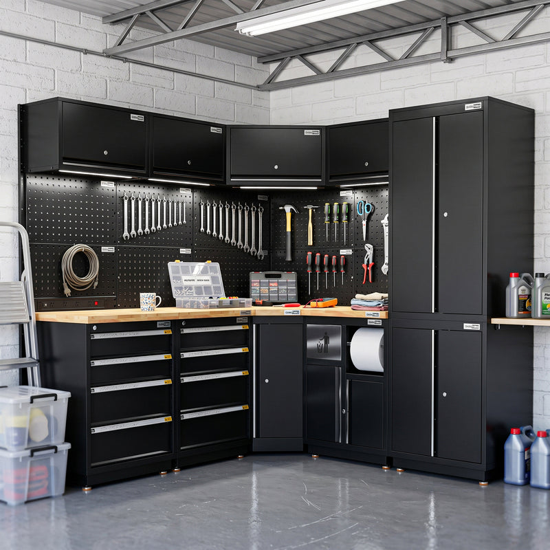 UltraTools 1385/2610mm OR 1978/1978mm x 580mm x 2020mm Black Semi-Industrial Workshop Garage Storage Corner Cabinet Set