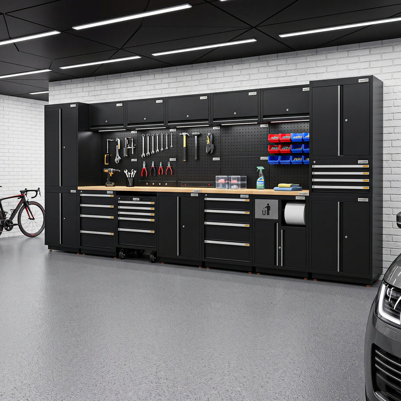 UltraTools 4350mm x 580mm x 2020mm Black Semi-Industrial Workshop Garage Storage Cabinet Set