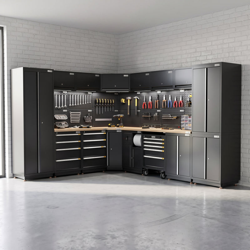 UltraTools 2610/3240mm x 580mm x 2020mm Black Semi-Industrial Workshop Garage Storage Corner Cabinet Set
