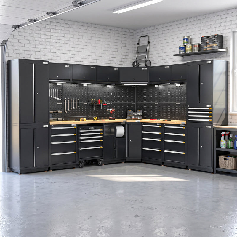 UltraTools 2610/3240mm x 580mm x 2020mm Black Semi-Industrial Workshop Garage Storage Corner Cabinet Set