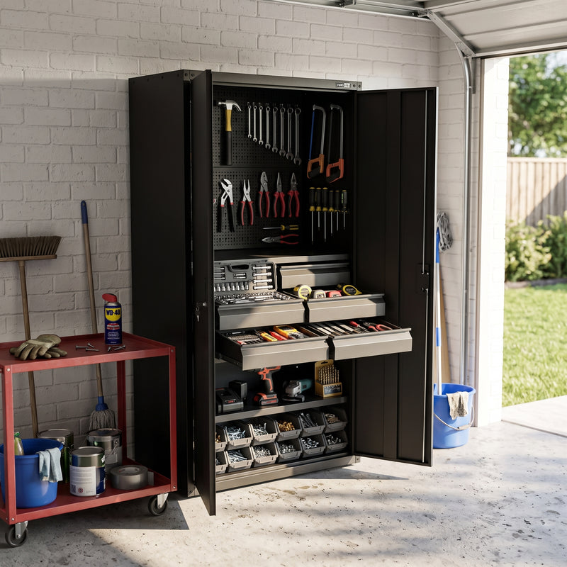 UltraTools Classic Extra Tall Steel Garage Cabinet 900mm x 500mm x 2025mm with built-in Pegboard and 6 Drawers