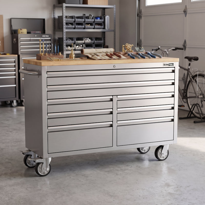 UltraTools Stainless Steel 52" Mobile Work Bench with 8 Drawers Tool Chest Roller Cabinet