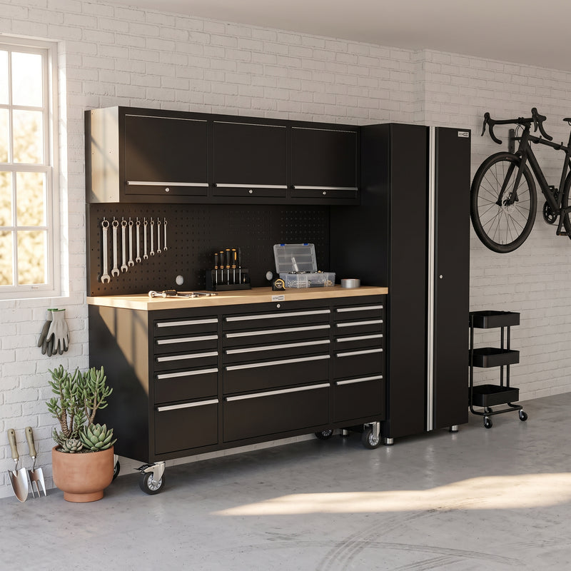 UltraTools Black 72" Mobile Work Bench with 15 Drawers Tool Chest & 3 Overhead Cabinet with One Standing Cabinet