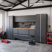 UltraTools Black 72" Mobile Work Bench with 15 Drawers Tool Chest & 3 Overhead Cabinet with Two Standing Cabinets
