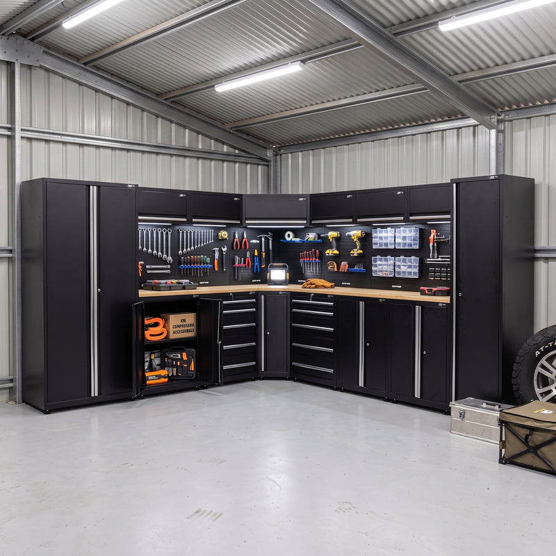 UltraTools 3200/3550mm x 550mm x 2025mm Black Classic Workshop Garage Storage Corner Cabinet Set