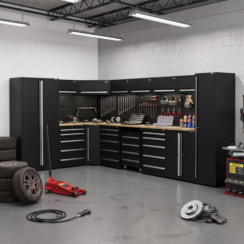 UltraTools 2450/4300mm x 550mm x 2025mm Black Classic Workshop Garage Storage Corner Cabinet Set