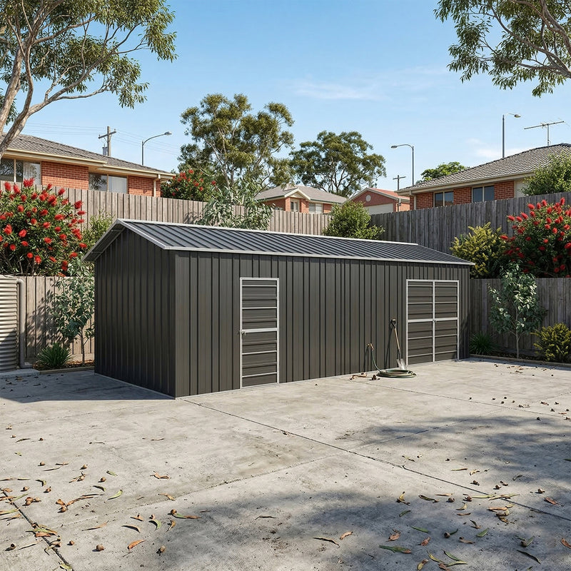 Garage Workshop Shed 7.6m x 3.6m x 3m Side Double Doors + PA doors 5 Frames Design EXTRA High)