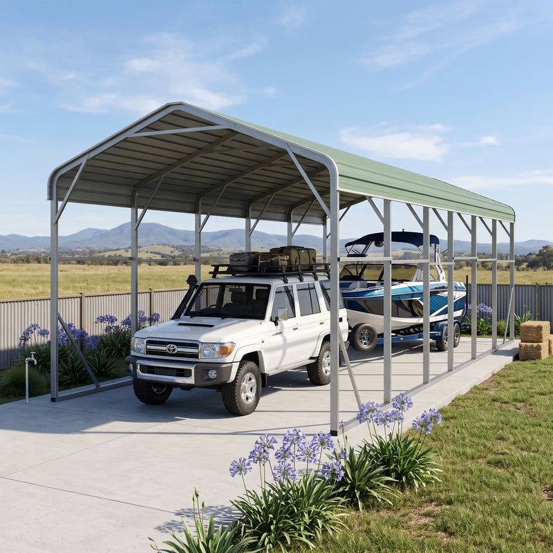 Single Carport 3.4m x 12.03m x 3.27m Backyard Portable Vehicle & Boat Shelter with Wrapped Roof