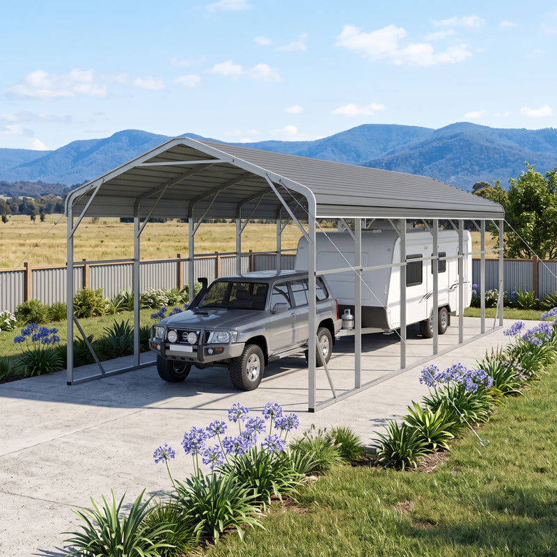 Single Carport 3.4m x 12.03m x 3.27m Backyard Portable Vehicle & Boat Shelter with Wrapped Roof
