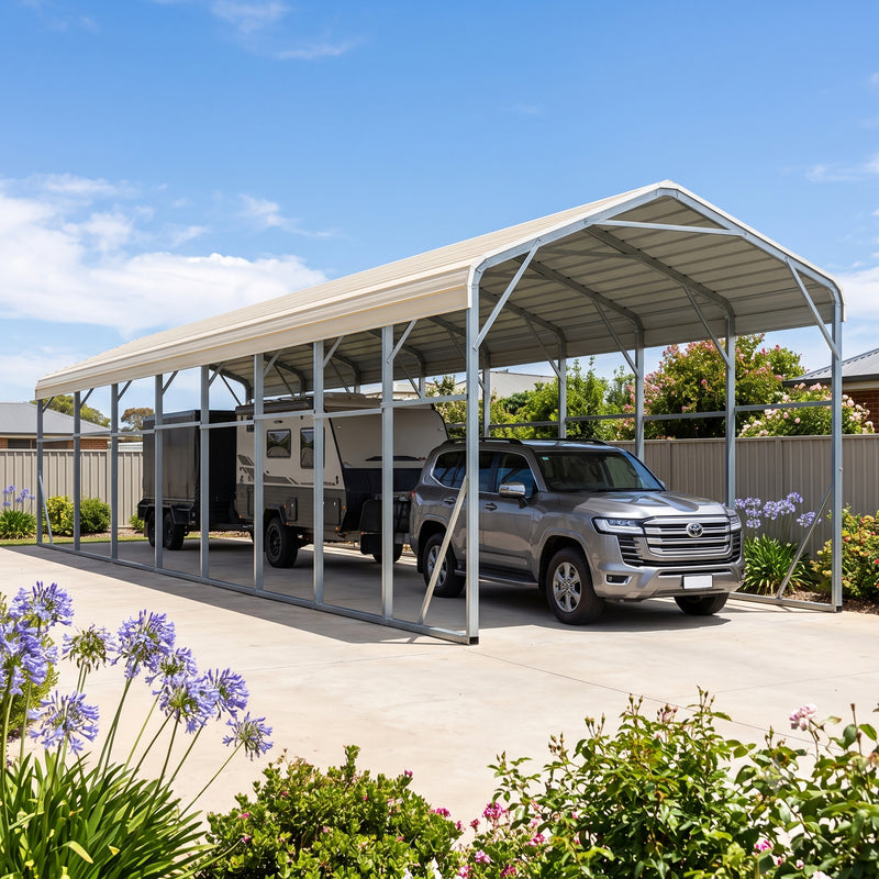 Single Carport 3.4m x 13.53m x 3.27m Backyard Portable Vehicle & Boat Shelter with Wrapped Roof