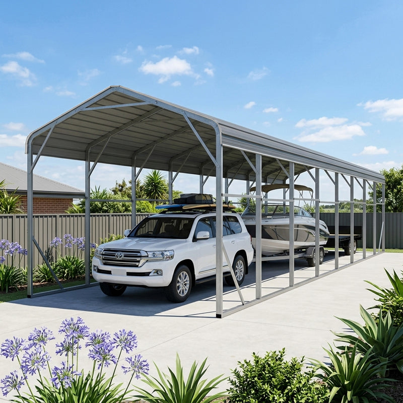 Single Carport 3.4m x 13.53m x 3.27m Backyard Portable Vehicle & Boat Shelter with Wrapped Roof