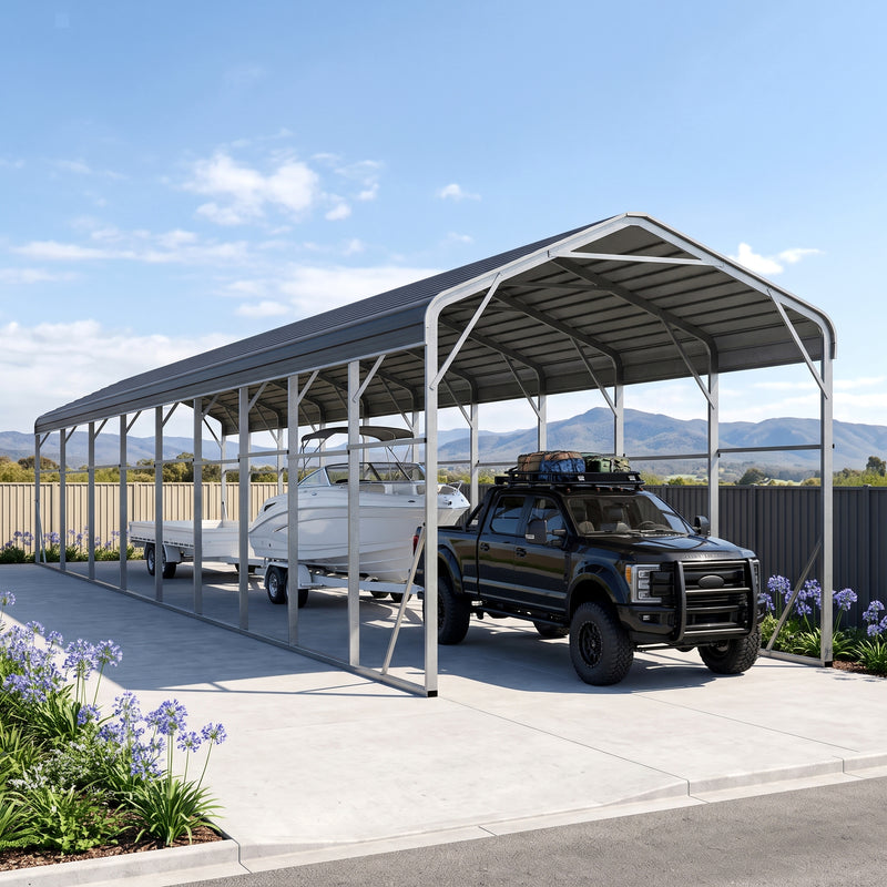 Single Carport 3.4m x 15.03m x 3.27m Backyard Portable Vehicle & Boat Shelter with Wrapped Roof