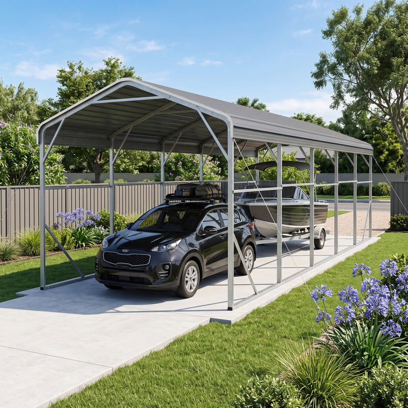 Single Carport 3.4m x 9.03m x 3.27m Backyard Portable Vehicle & Boat Shelter with Wrapped Roof