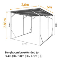 Vehicle Shelter 2.6m x 6m x 2.8m Steel Carport